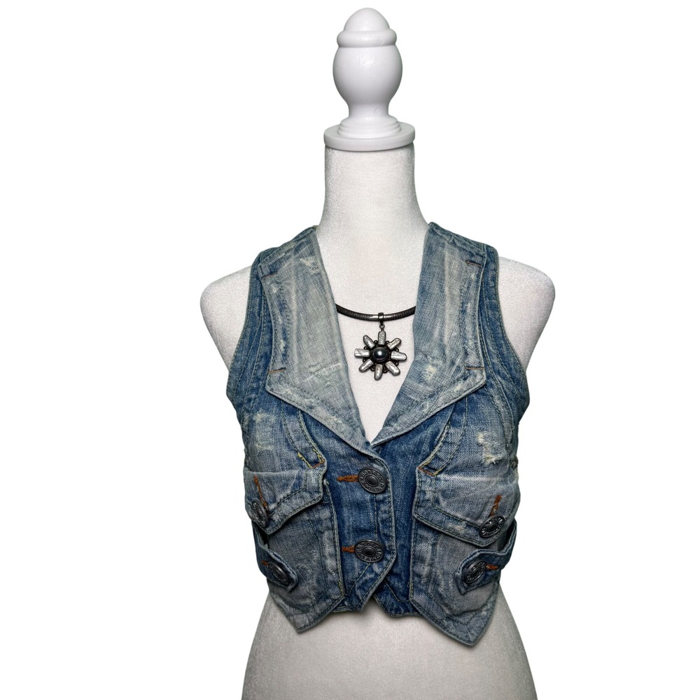 Vintage Red Pepper Distressed Denim Vest Y2K Japanese Archive Biker Western SZ S - Picture 3 of 8